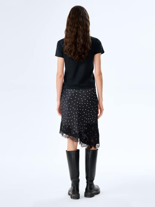Omnes Skirts amada asymmetric lace and satin skirt in polka dot print in black, 3 of 4