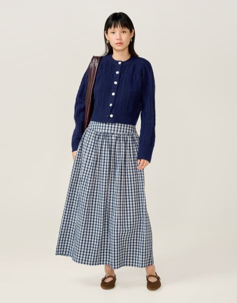 Omnes Skirts darcie cotton drop waist midi skirt in navy check in mono
