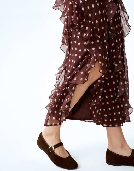 Omnes Skirts darline chiffon ruffle midi skirt with leg split in brown, 3 of 3