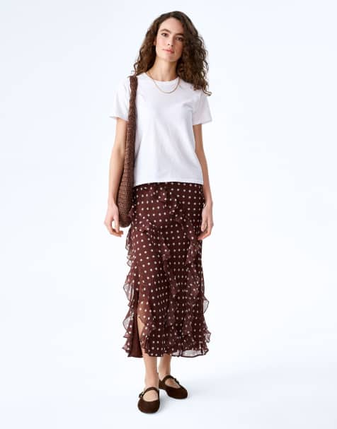 Omnes Skirts darline chiffon ruffle midi skirt with leg split in tomato print in brown - view 1