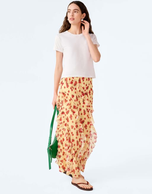 Omnes Skirts darline chiffon ruffle midi skirt with leg split in tomato print in red, 3 of 6