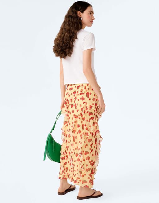 Omnes Skirts darline chiffon ruffle midi skirt with leg split in tomato print in red, 4 of 6
