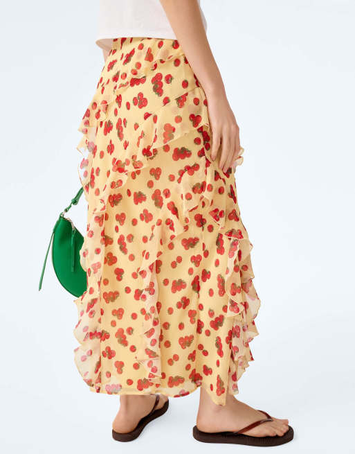Omnes Skirts darline chiffon ruffle midi skirt with leg split in tomato print in red, 5 of 6