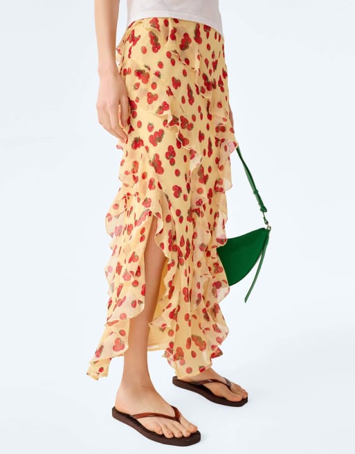 Omnes Skirts darline chiffon ruffle midi skirt with leg split in tomato print in red, 6 of 6