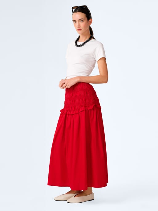 Omnes Skirts haley drop waist cotton midi skirt in red , 2 of 5