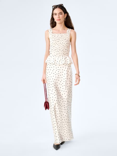 Omnes Skirts monty satin maxi slip skirt in black polka dot print in white