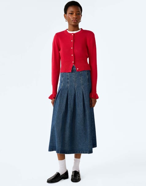 Omnes Skirts pru pleated denim midi skirt in mid-wash in blue - view 1