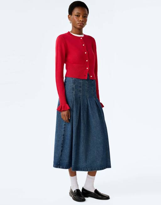 Omnes Skirts pru pleated denim midi skirt in mid-wash in blue, 3 of 5