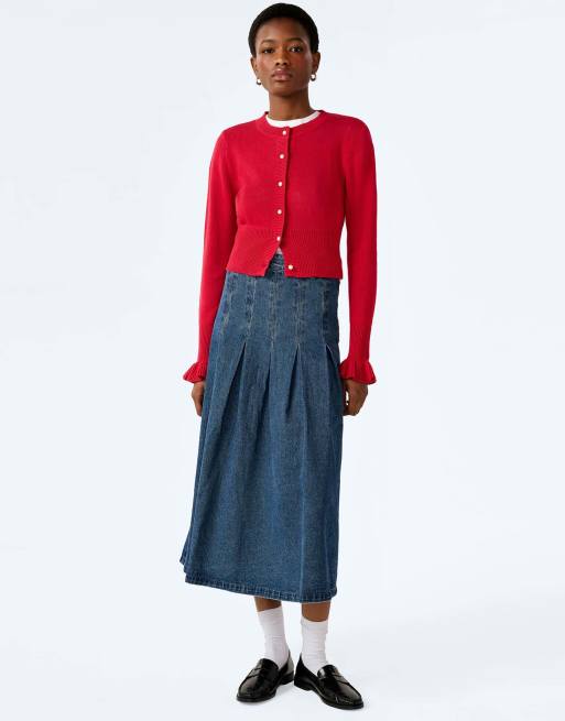 Omnes Skirts pru pleated denim midi skirt in mid-wash in blue, 4 of 5