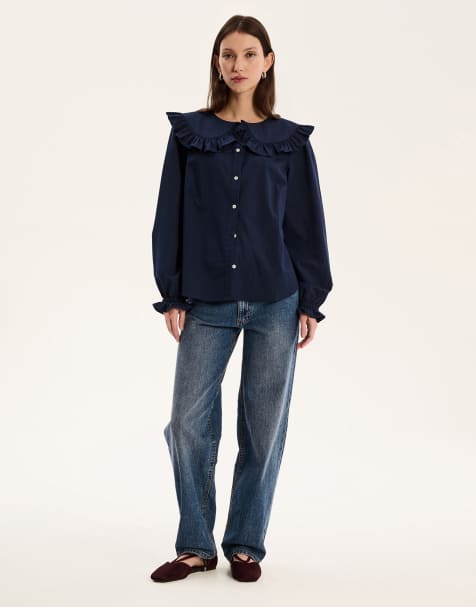 OMNES Sunday Frill Collar Shirt in navy - view 1