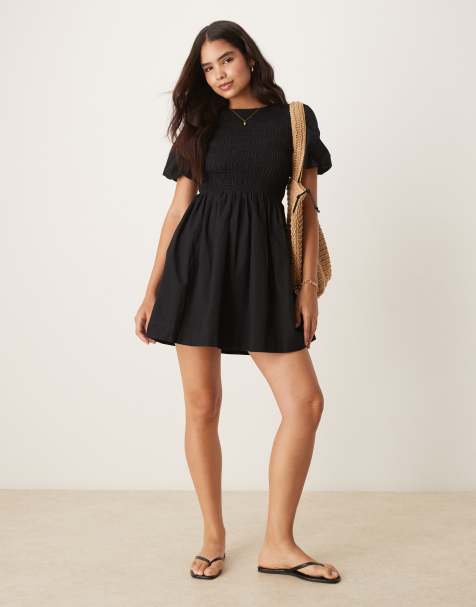 OMNES Terri shirred bodice mini dress in plain black