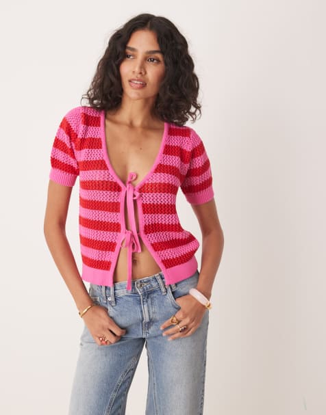 OMNES Tie fastening V-neck knitwear cardigan in pink stripes - view 1