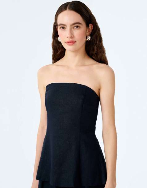 Omnes Tops etta top structured strapless linen top in black - view 1