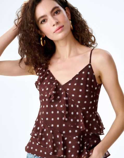 Omnes Tops francie chiffon cami top with asymmetric ruffles in chocolate brown in brown - view 1