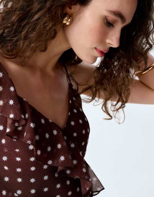Omnes Tops francie chiffon cami top with asymmetric ruffles in chocolate brown , 3 of 5