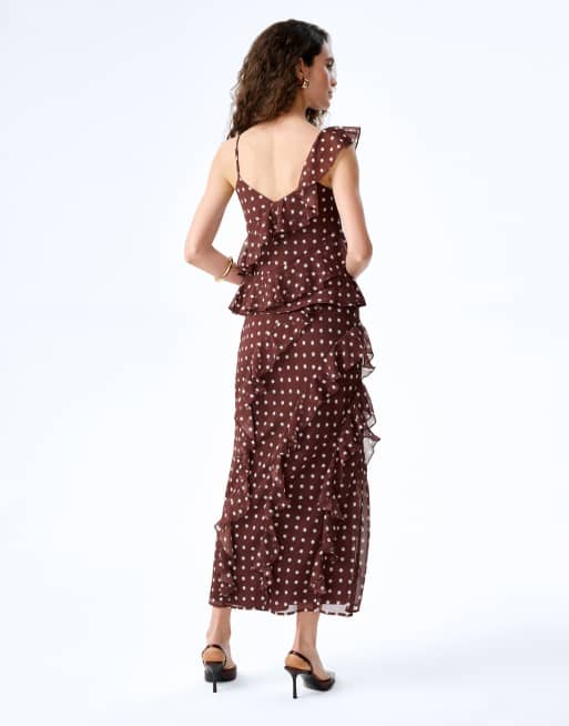 Omnes Tops francie chiffon cami top with asymmetric ruffles in chocolate brown , 4 of 5