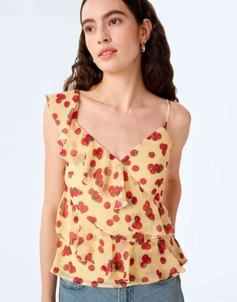 Omnes Tops francie chiffon cami top with asymmetric ruffles in tomato print in red - view 1