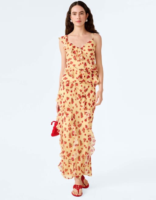 Omnes Tops francie chiffon cami top with asymmetric ruffles in tomato print in red, 2 of 6