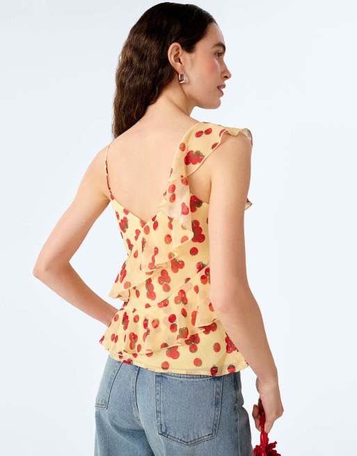 Omnes Tops francie chiffon cami top with asymmetric ruffles in tomato print in red, 3 of 6