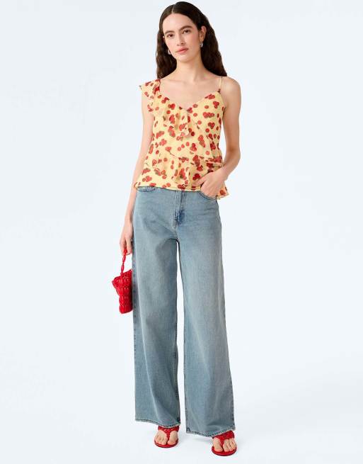 Omnes Tops francie chiffon cami top with asymmetric ruffles in tomato print in red, 4 of 6