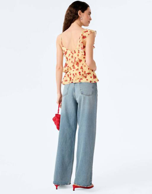 Omnes Tops francie chiffon cami top with asymmetric ruffles in tomato print in red, 5 of 6