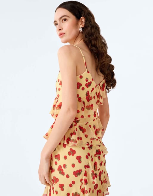 Omnes Tops francie chiffon cami top with asymmetric ruffles in tomato print in red, 6 of 6