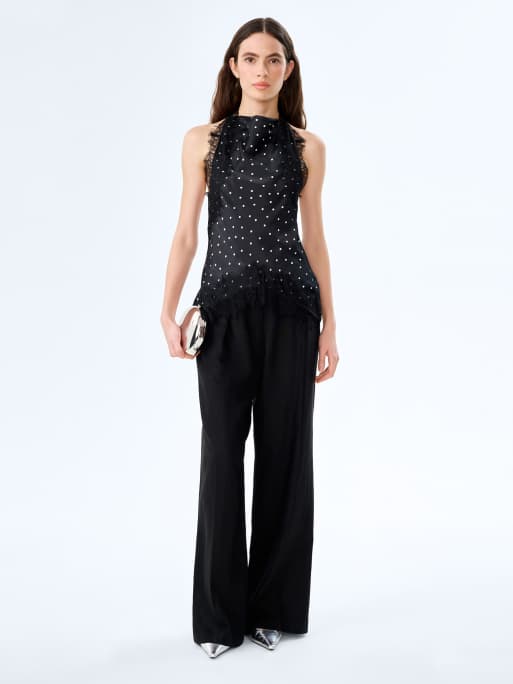 Omnes Tops jayne halterneck top with lace detail in polka dot in black, 2 of 4
