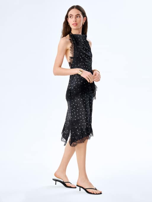 Omnes Tops jayne halterneck top with lace detail in polka dot in black, 4 of 4
