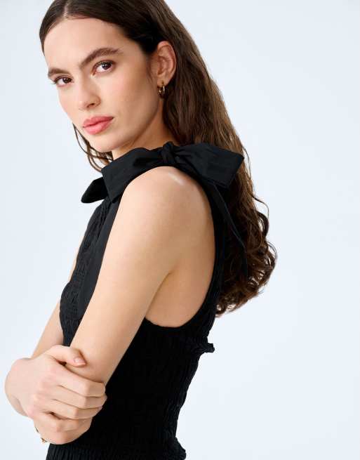Omnes Tops mathilde shirred cotton top with shoulder ties in black, 3 of 4