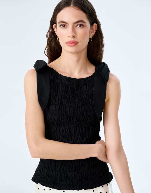 Omnes Tops mathilde shirred cotton top with shoulder ties in black, 4 of 4