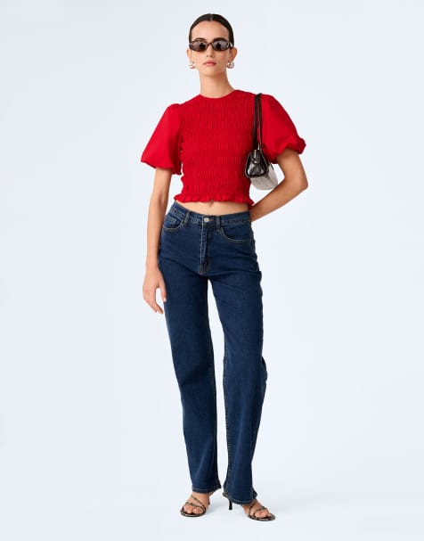 Omnes Tops nicola shirred cotton short sleeve top in cherry red - view 1