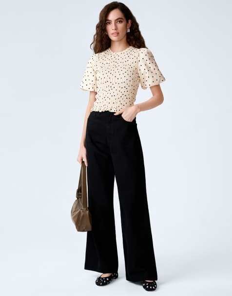 Omnes Tops nicola shirred cotton short sleeve top in polka dot print in white - view 1