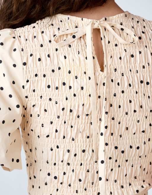 Omnes Tops nicola shirred cotton short sleeve top in polka dot print in white, 2 of 4