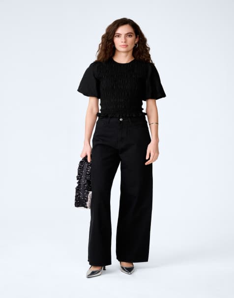 Omnes Tops nicola shirred linen short sleeve top in black - view 1