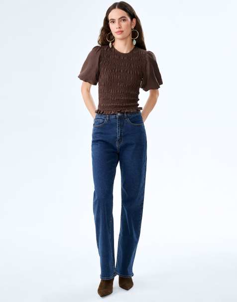 Omnes Tops nicola shirred linen short sleeve top in chocolate brown - view 1