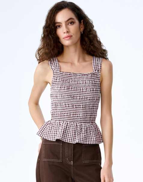 Omnes Tops rain cotton seersucker gingham top with peplum frill in chocolate brown 