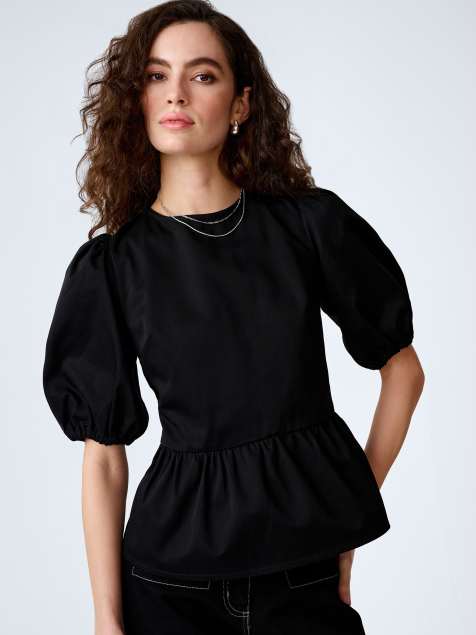 Omnes Tops tiana open back cotton blouse with peplum frill in black - view 1