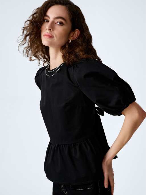Omnes Tops tiana open back cotton blouse with peplum frill in black , 3 of 4