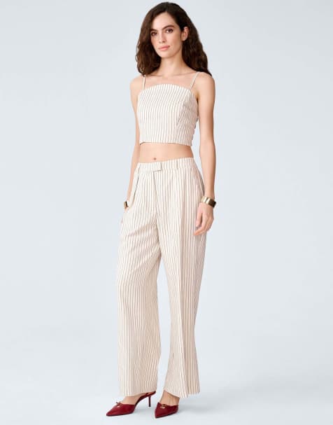 Omnes Trousers pearl high-rise, wide leg trousers with pinstripe in cream - view 1