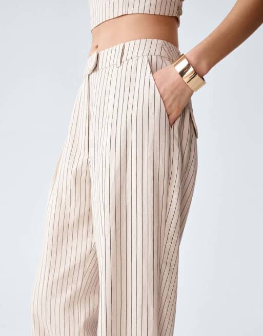 Omnes Trousers pearl high-rise, wide leg trousers with pinstripe in cream, 3 of 5
