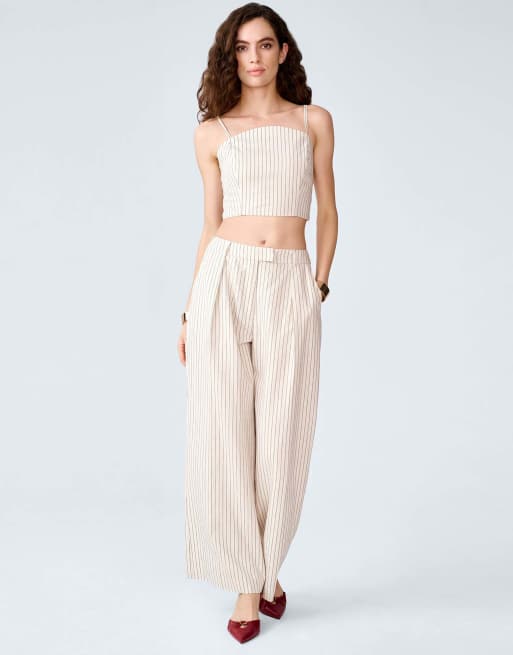 Omnes Trousers pearl high-rise, wide leg trousers with pinstripe in cream, 4 of 5