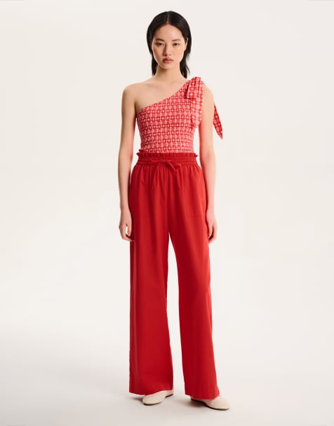 OMNES Wide leg high rise trouser in plain red - view 1