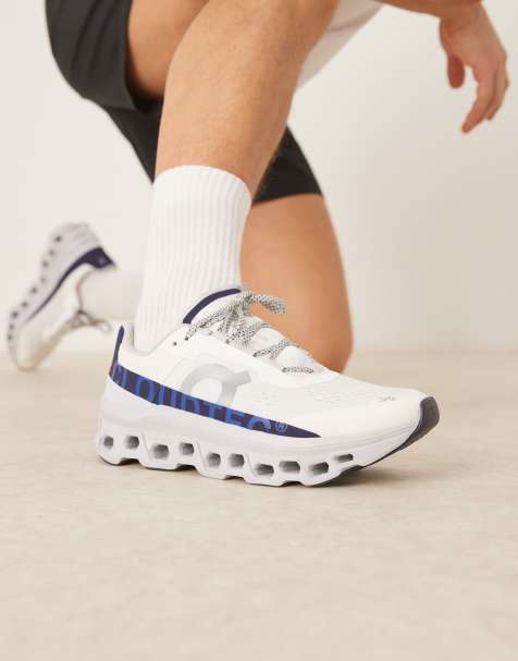 ON Cloudmonster running trainers in white and blue - view 1