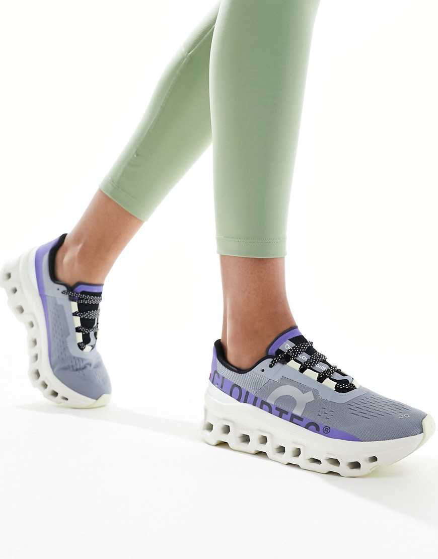 ON Cloudmonster running trainers in white and purple