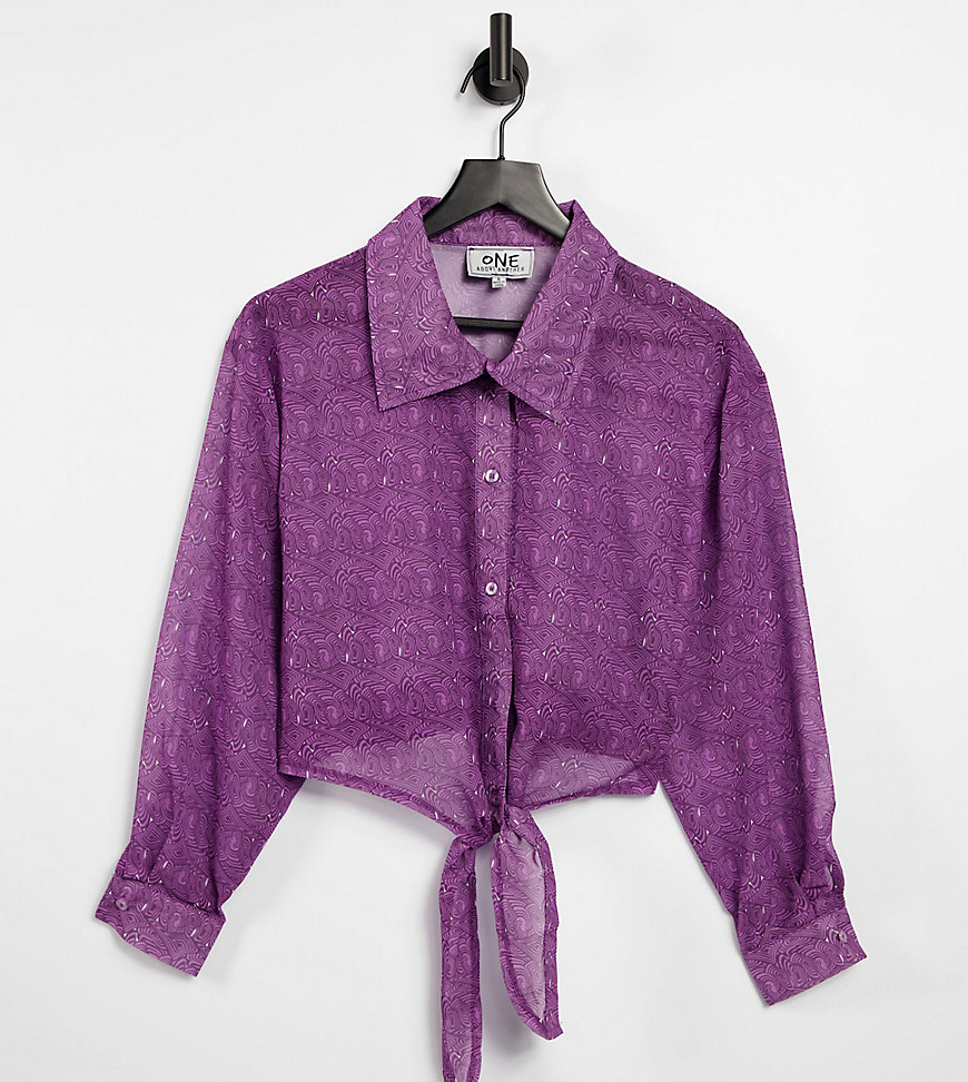 One Above Another 90s sheer shirt in swirl print with tie front-Purple