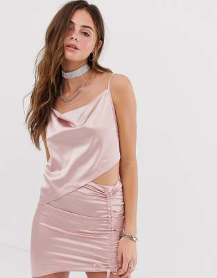 One Above Another asymmetric cami top with cowl neck in satin co-ord-Pink