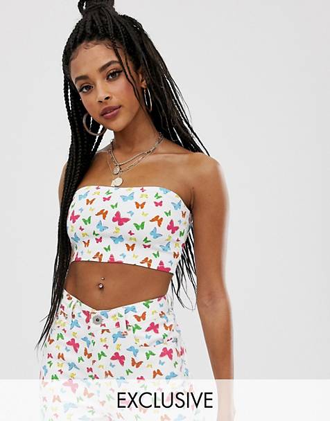 One Above Another bandeau crop top in denim butterflies co-ord
