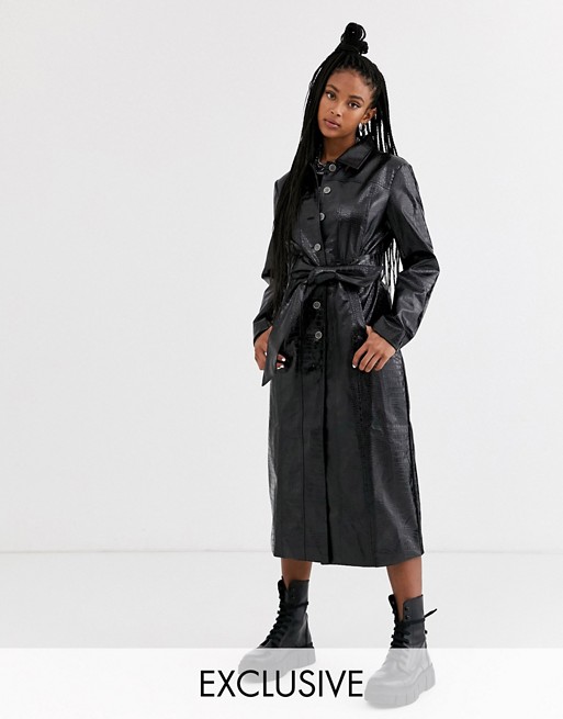 One Above Another belted trench coat in black faux croc
