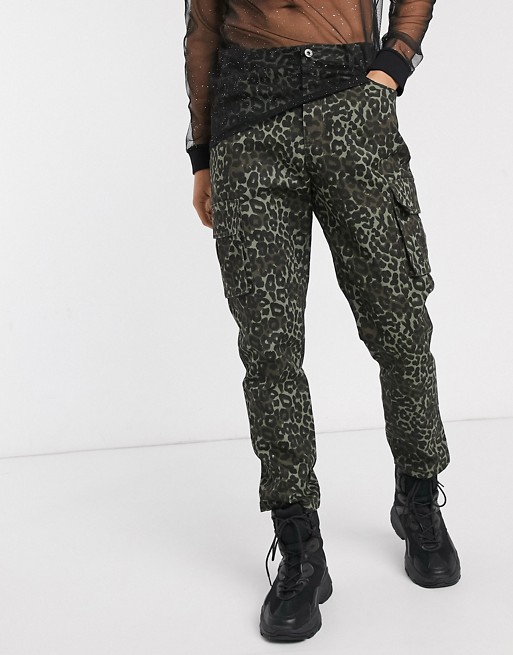 One Above Another cargo trouser in dark green leopard