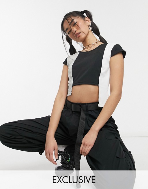 One Above Another cropped t-shirt in patchwork with exposed stitching co-ord